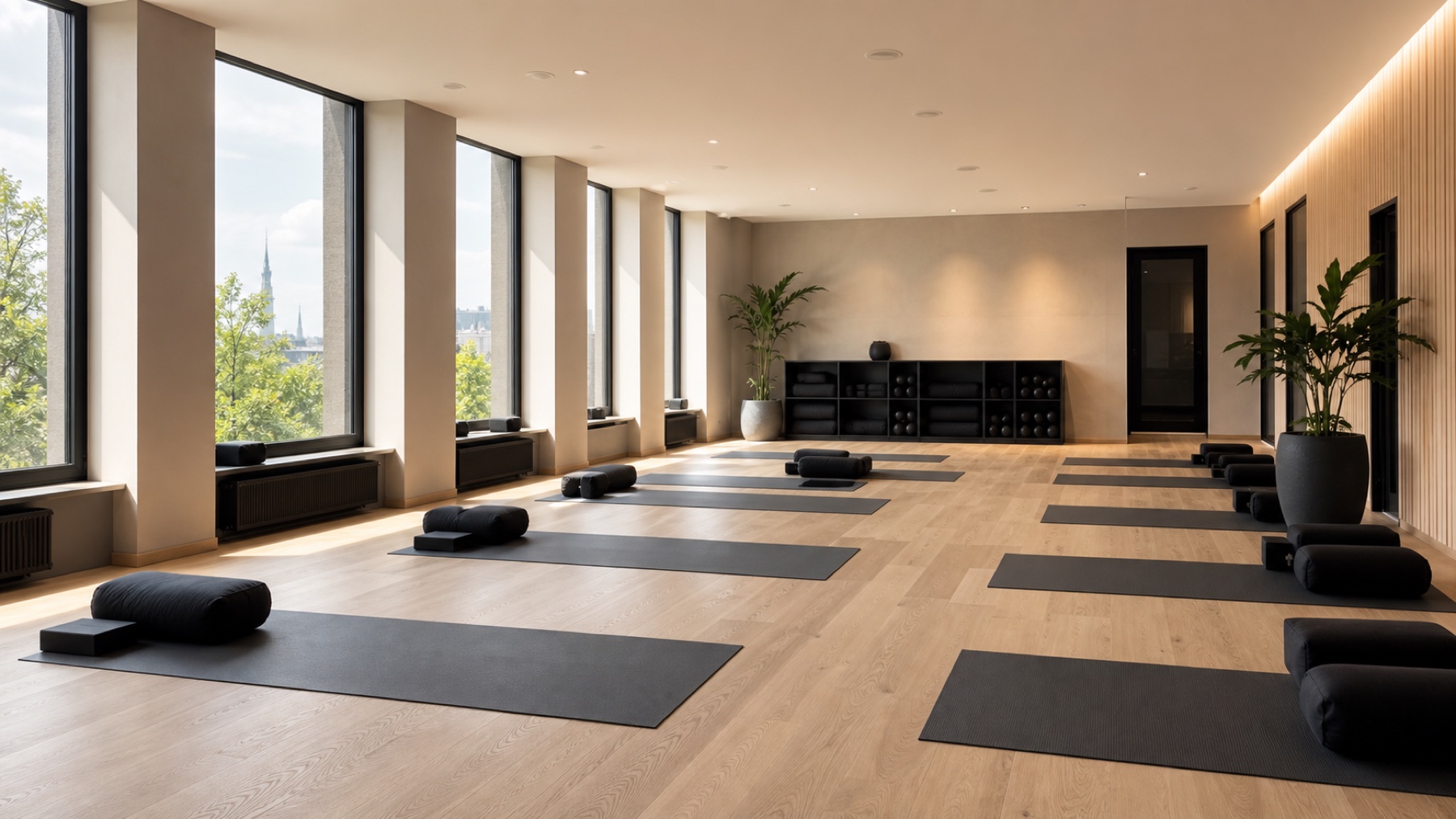 Heller Yogaraum mit Matten und Tageslicht